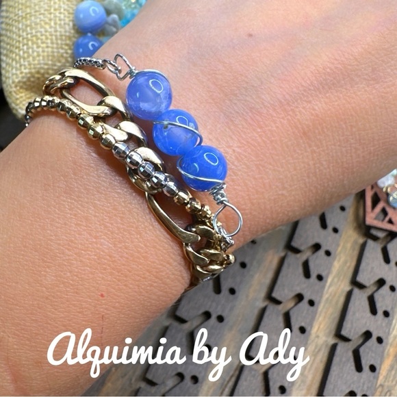 Silver aquamarine tassel adjustable bracelet for stacking - Picture 2 of 2